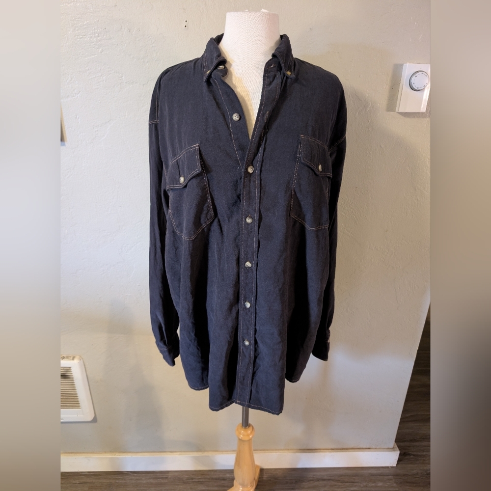 Woodland Trail Mens Black Faux‎ Suede LS Camp Shirt 2 Pocket 100% Poly EUC